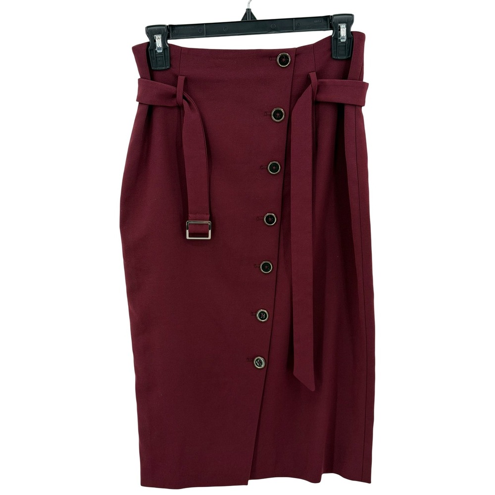White House Black Market Skirt Women 4 Burgundy Midi Belted Button Pencil Preppy